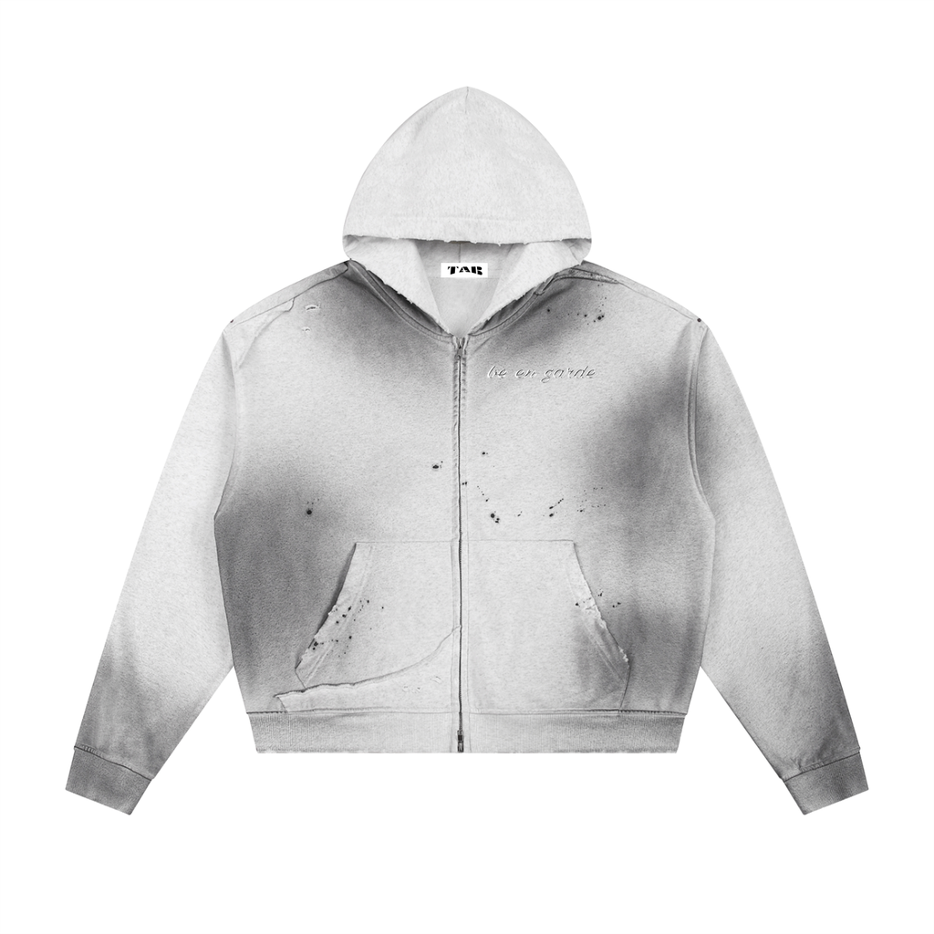 BE EN GARDE™ Sun Fade Frayed Raw Edge Fleece Zip Hoodie